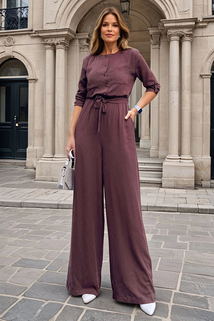 Coffee Self-Belted Elastic Waist Half-Pat Pocketed Jumpsuit BCBSK-25700-3297 - Giurgiu