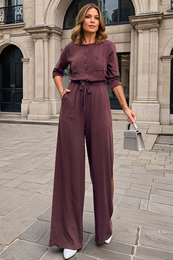 Coffee Self-Belted Elastic Waist Half-Pat Pocketed Jumpsuit BCBSK-25700-3297 - Giurgiu