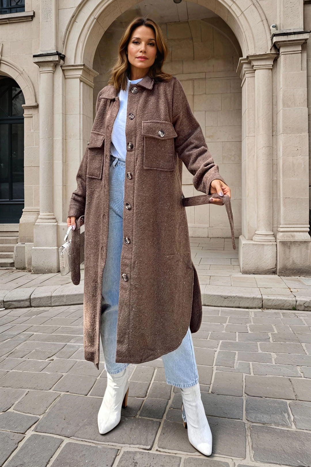 Coffee Self-Belted Double Pocket Buttoned Coat BCBSK-25700-3280 - Orihuela