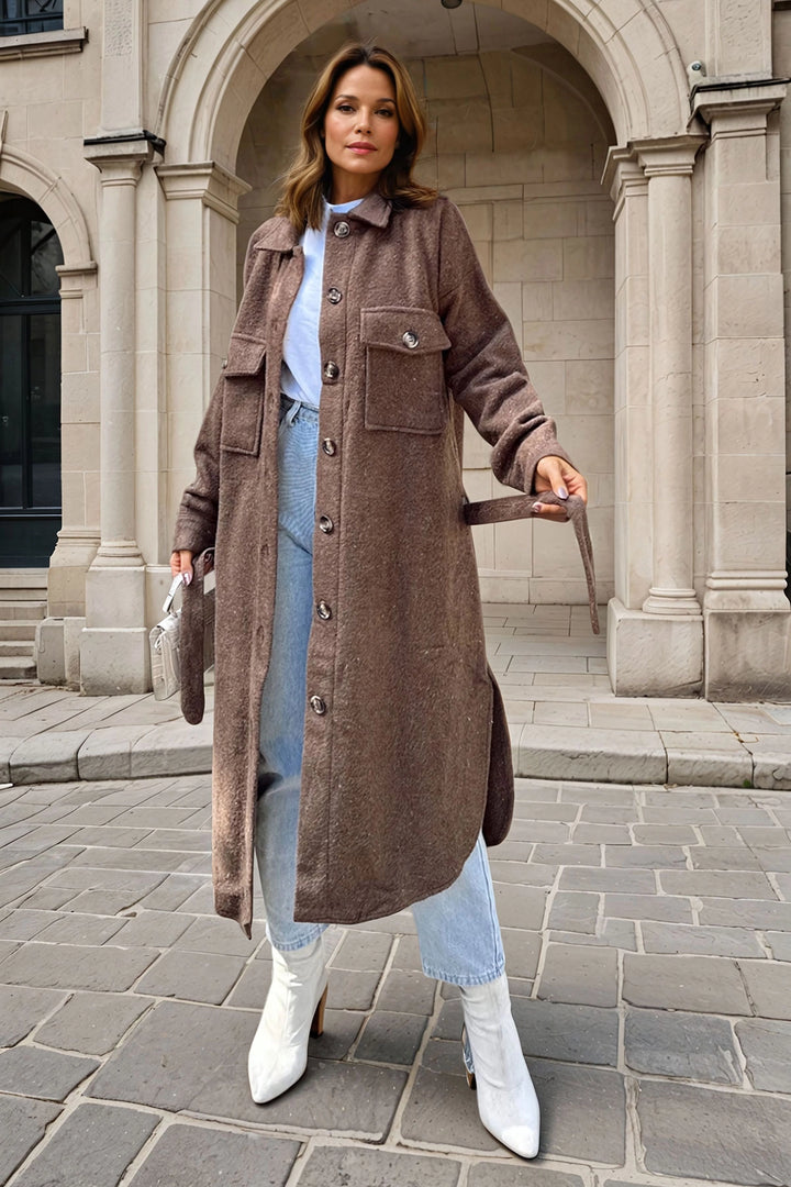 Coffee Self-Belted Double Pocket Buttoned Coat BCBSK-25700-3280 - Orihuela