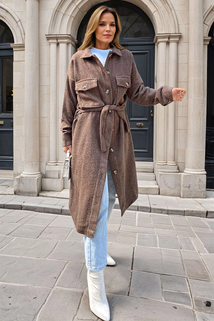 Coffee Self-Belted Double Pocket Buttoned Coat BCBSK-25700-3280 - Orihuela