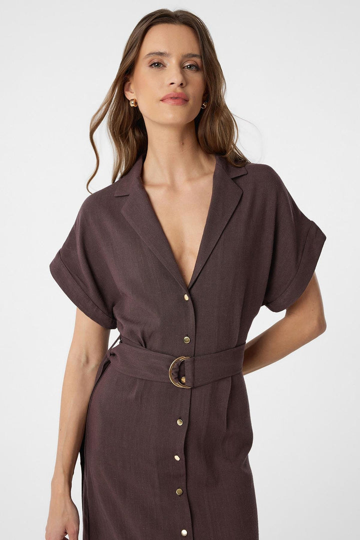ANT Antioch Coffee Linen Blend Belted Women's Dress - Prizren