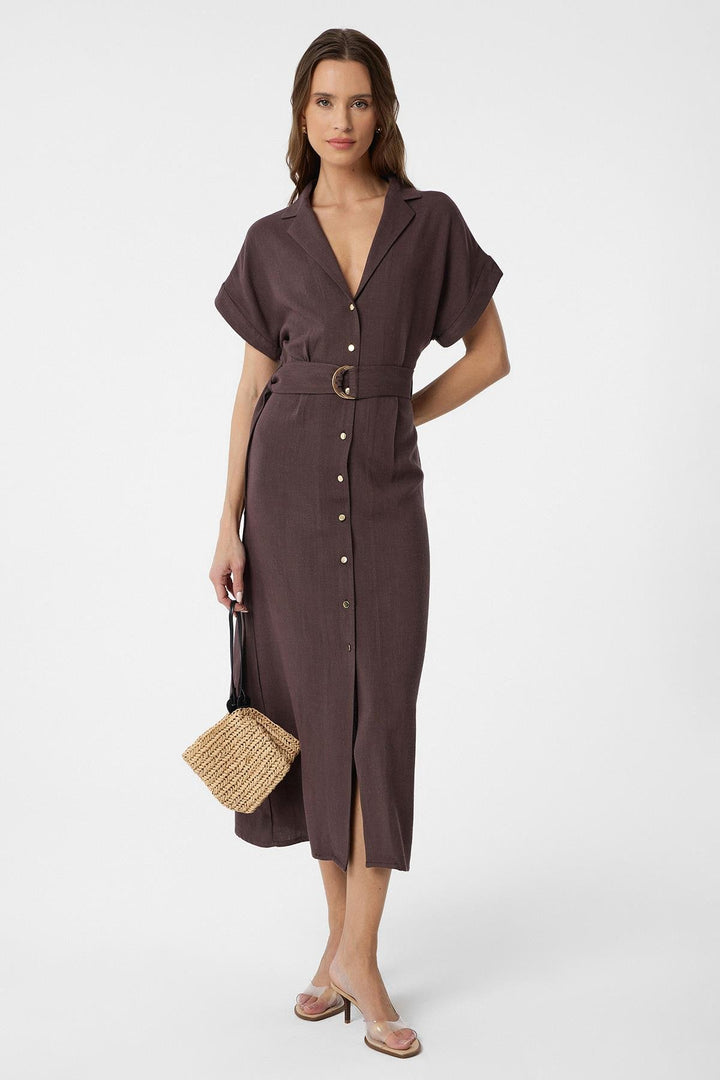 ANT Antioch Coffee Linen Blend Belted Women's Dress - Prizren