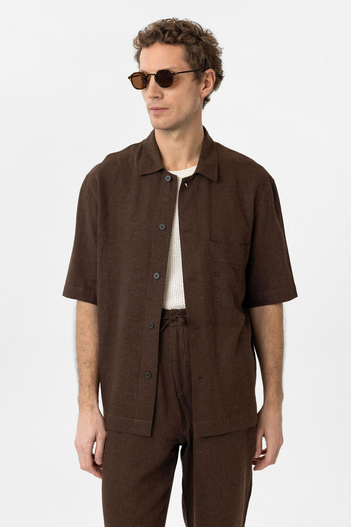 ANT Antioch Coffee Linen Blend Short Sleeve Men's Shirt - Marhanets