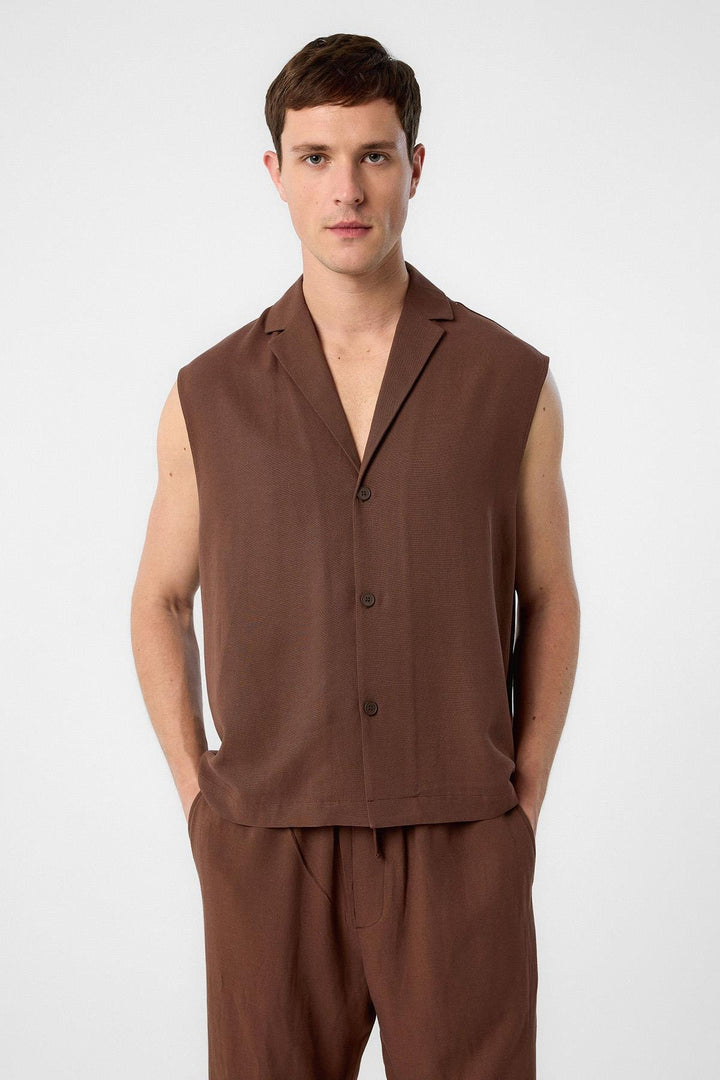 ANT Antioch Coffee Linen Blend Sleeveless Men's Shirt - Leighton Buzzard