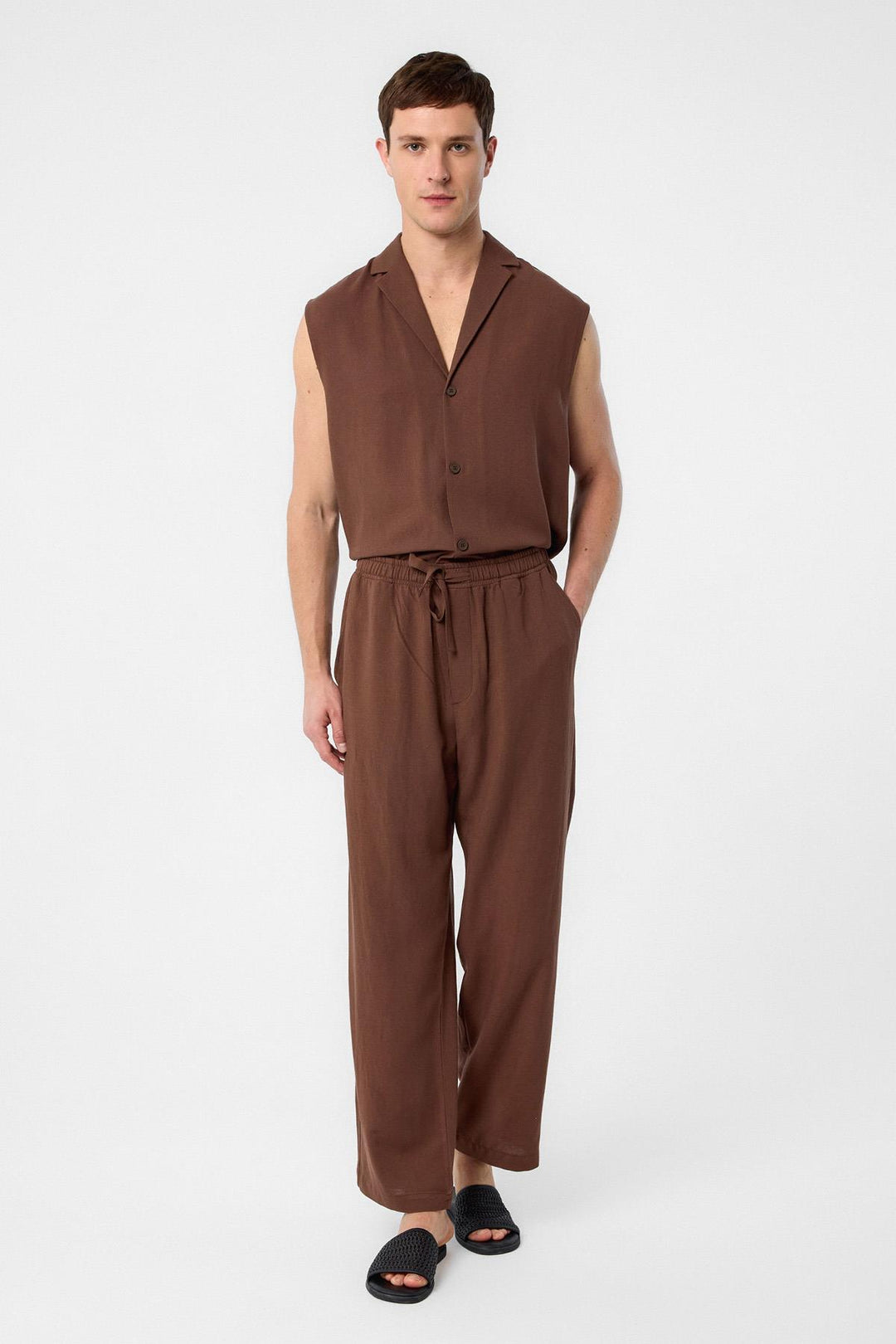 ANT Antioch Coffee Linen Blend Sleeveless Men's Shirt - Temple