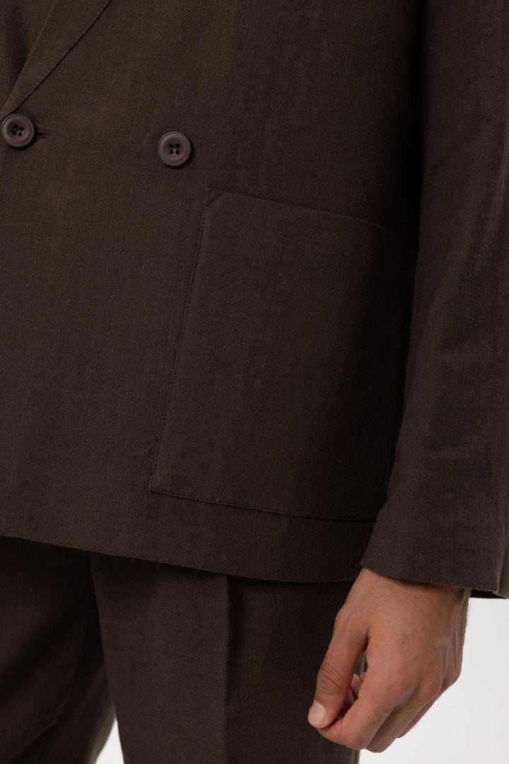 ANT Antioch Kahve Keten Karışımlı Kruvaze Düğmeli Erkek Blazer Ceket - Vernon