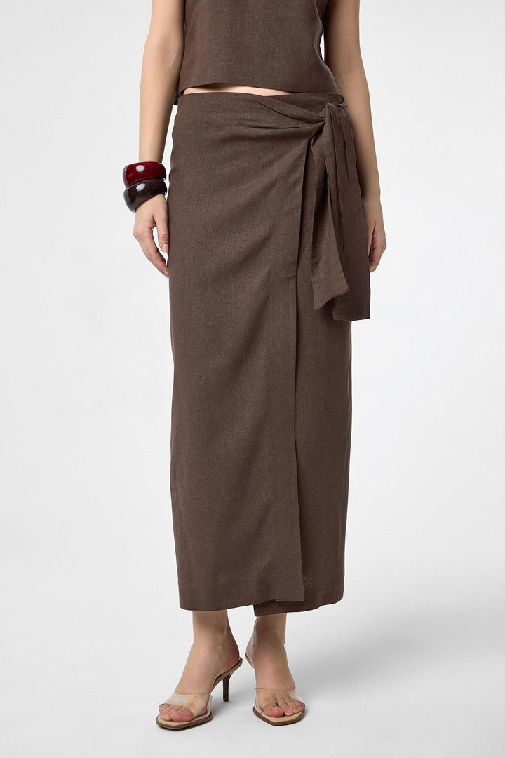 ANT Antioch Coffee Linen Blend Belted Women's Skirt - Bielefeld