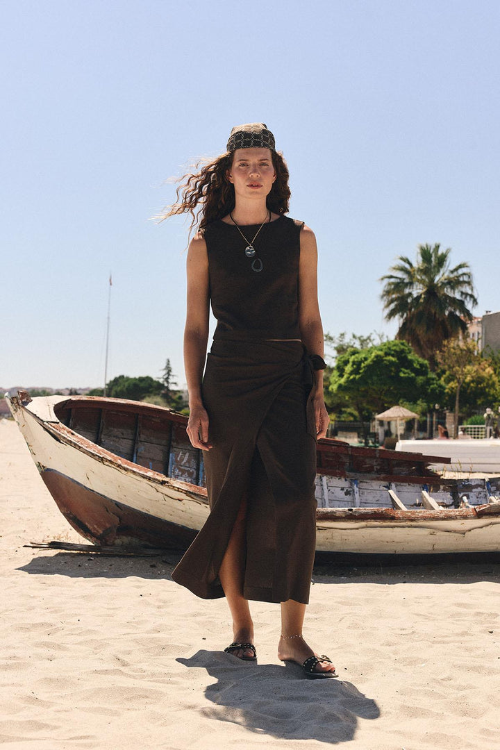 ANT Antioch Coffee Linen Belted Women's Skirt - Canicattì