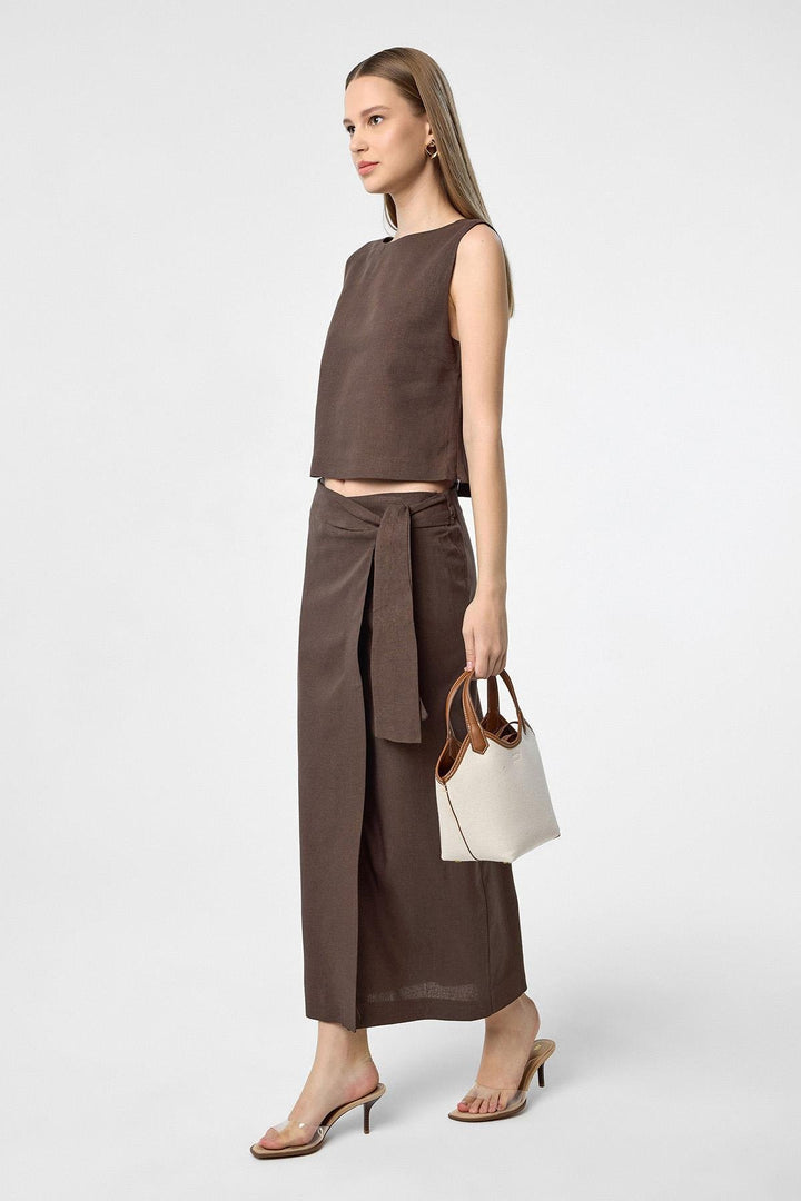 ANT Antioch Coffee Linen Blend Belted Women's Skirt - Bielefeld