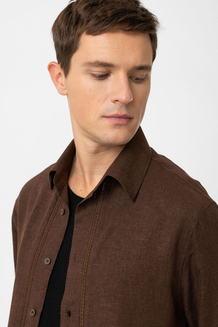 ANT Antioch Kahve Keten Karışımlı Relaxed Erkek Gömlek - Montgomery