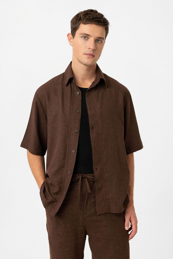 ANT Antioch Kahve Keten Karışımlı Relaxed Erkek Gömlek - Montgomery