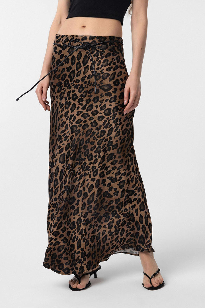 ANT Antioch Coffee Leopard Print Belted Long Women's Skirt - Porirua