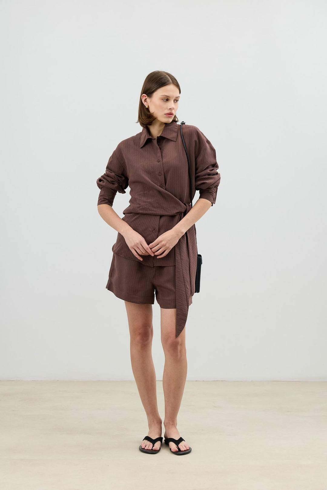 ANT Antioch Kahve Modal Karışımlı Bel Lastikli Çizgili Kadın Şort - San Juan Despí