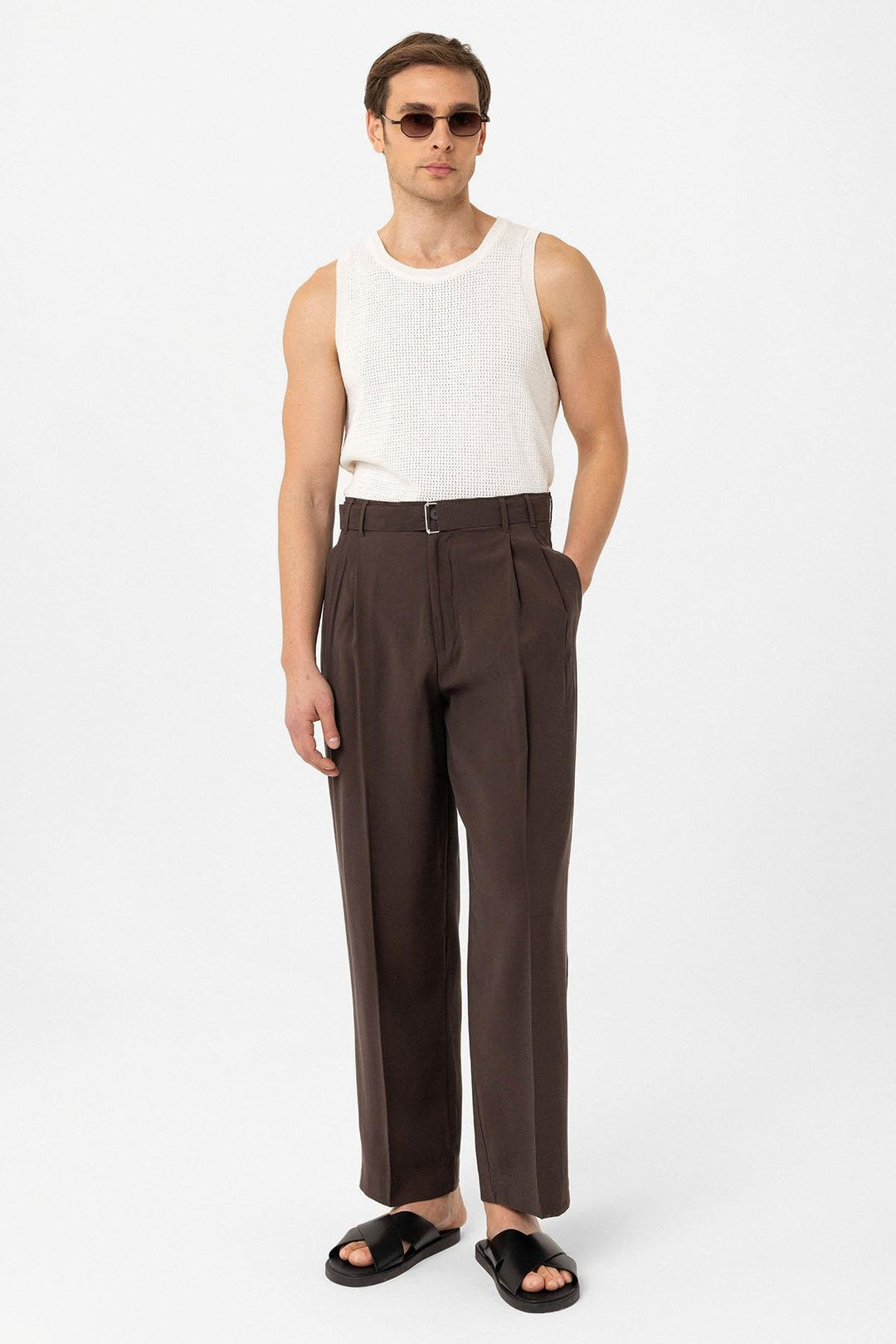 ANT Antioch Kahve Modal Kumaş Relax Fit Kemerli Erkek Pantolon - Bel Air South