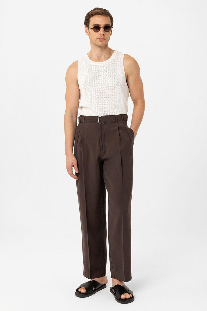 ANT Antioch Kahve Modal Kumaş Relax Fit Kemerli Erkek Pantolon - Bel Air South