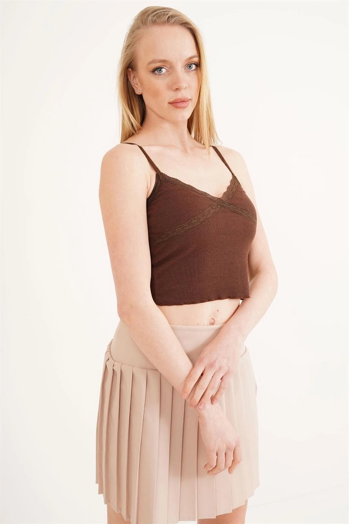 Coffee Cotton Eyelash Lace Strap Lace Crop Blouse CO-2523254275 - West Bromwich