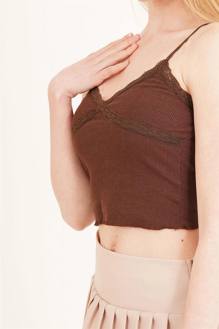 Coffee Cotton Eyelash Lace Strap Lace Crop Blouse CO-2523254275 - West Bromwich