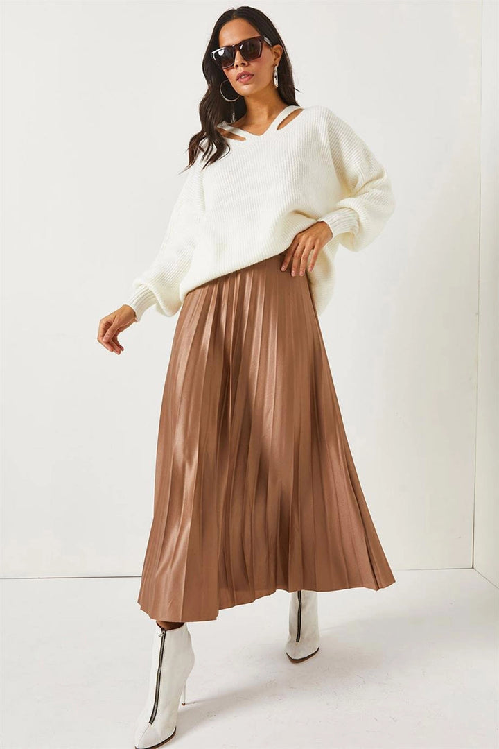 Coffee Pleated Satin Surface Long Skirt BCBSK-25700-K7605 - Moerdijk