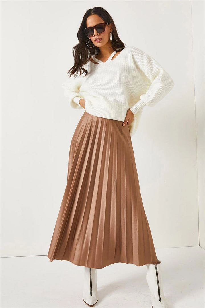 Coffee Pleated Satin Surface Long Skirt BCBSK-25700-K7605 - Moerdijk