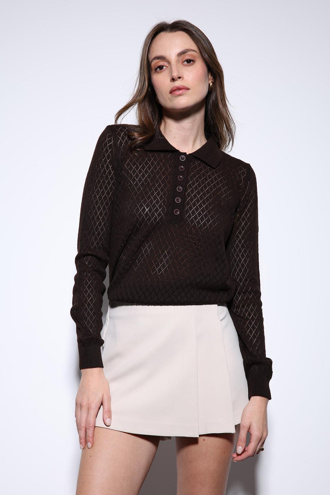 ANT Antioch Coffee Polo Neck Patterned Knit Women's Sweater - Rheine