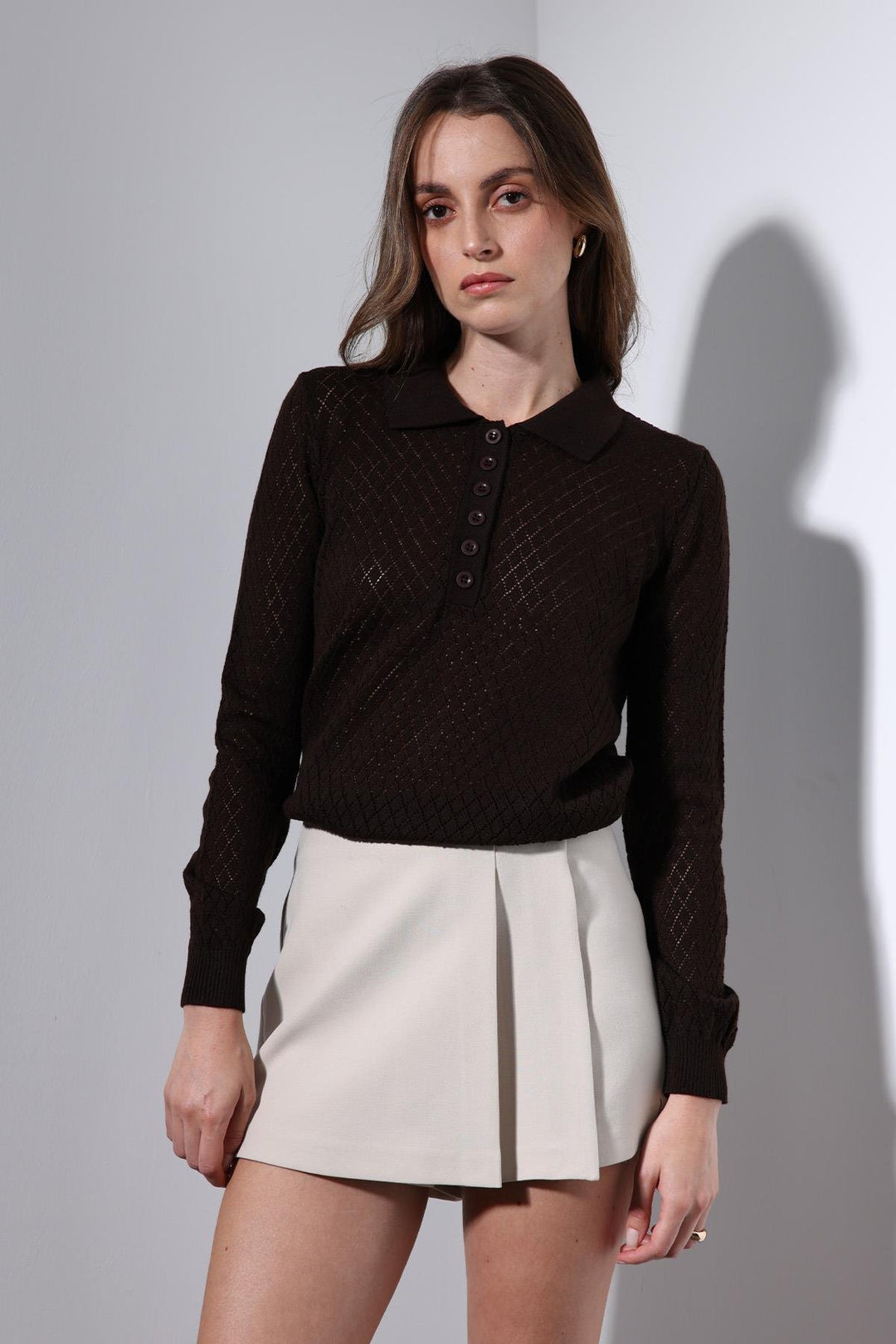 ANT Antioch Coffee Polo Neck Patterned Knit Women's Sweater - Rheine