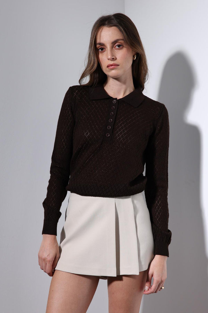 ANT Antioch Coffee Polo Neck Patterned Knit Women's Sweater - Rheine