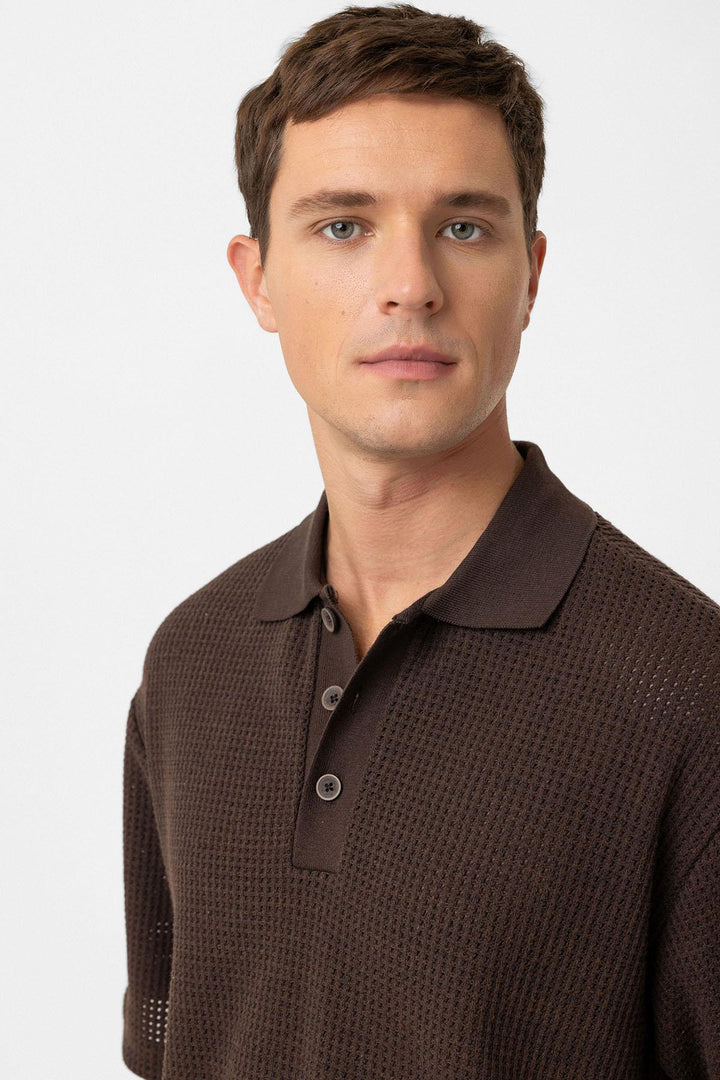 ANT Antioch Coffee Polo Neck Textured Relaxed Fit Men's T-Shirt - Appleton
