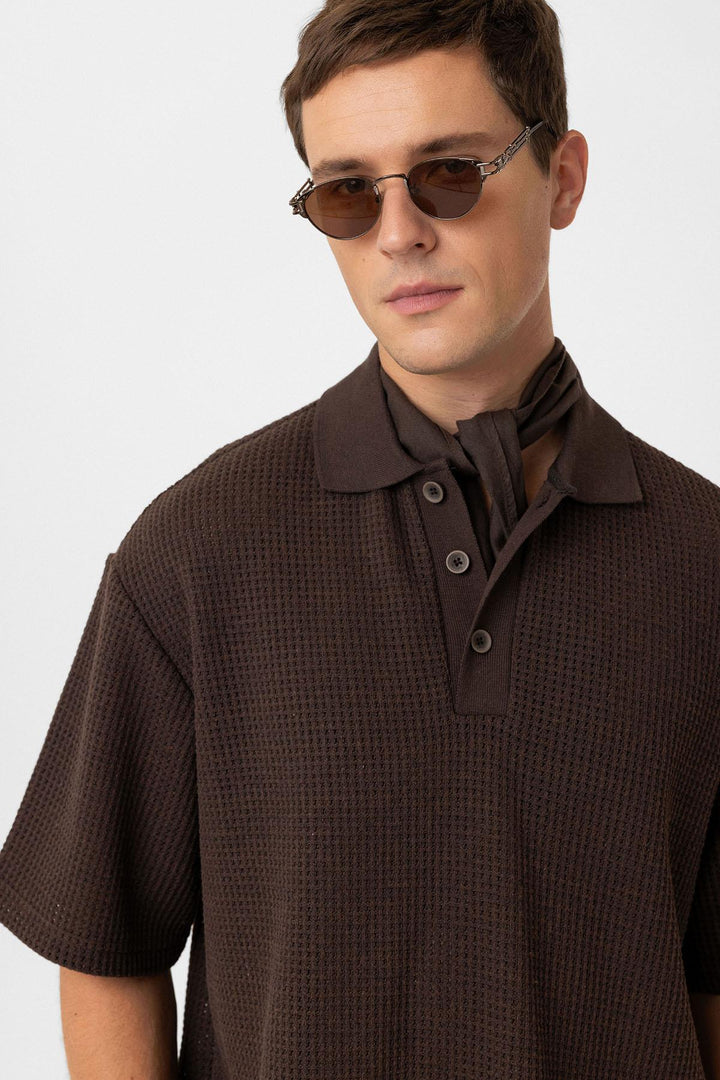 ANT Antioch Coffee Polo Neck Textured Relaxed Fit Men's T-Shirt - Appleton