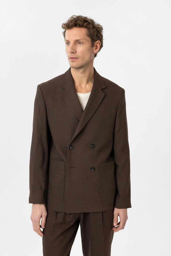ANT Antioch Kahve Relax Fit Keten Karışımlı Erkek Blazer Ceket - Gloucester