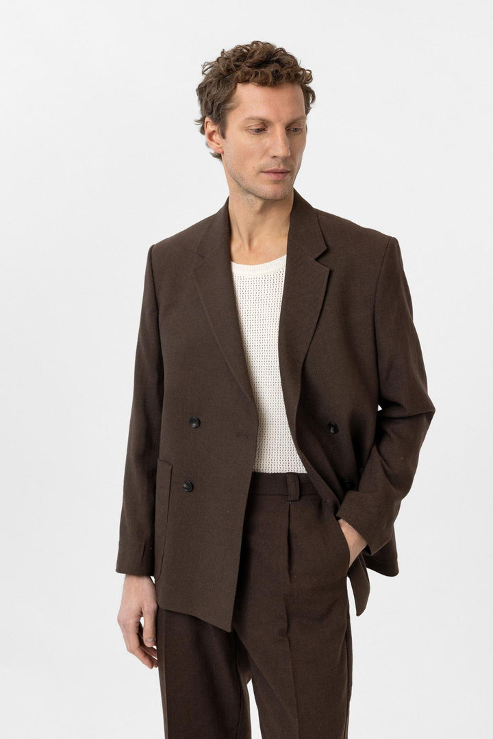 ANT Antioch Kahve Relax Fit Keten Karışımlı Erkek Blazer Ceket - Gloucester