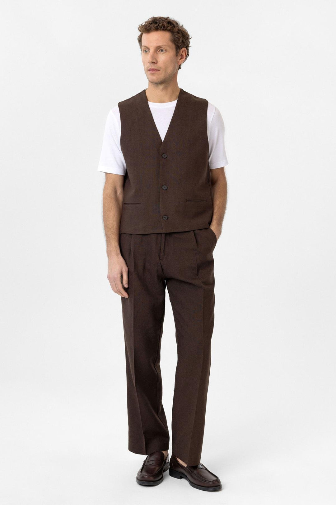 ANT Antioch Coffee Relax Fit Linen Blend Men's Vest - Bedford