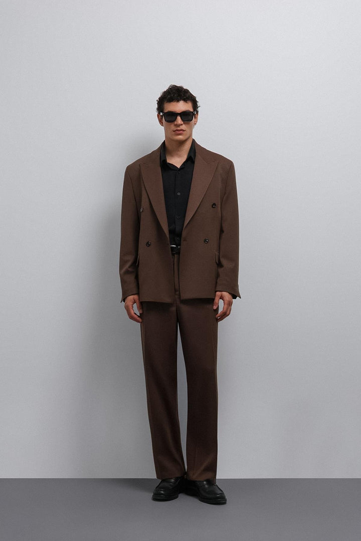 ANT Antioch Kahve Relax Fit Kruvaze Erkek Blazer Ceket - Revere