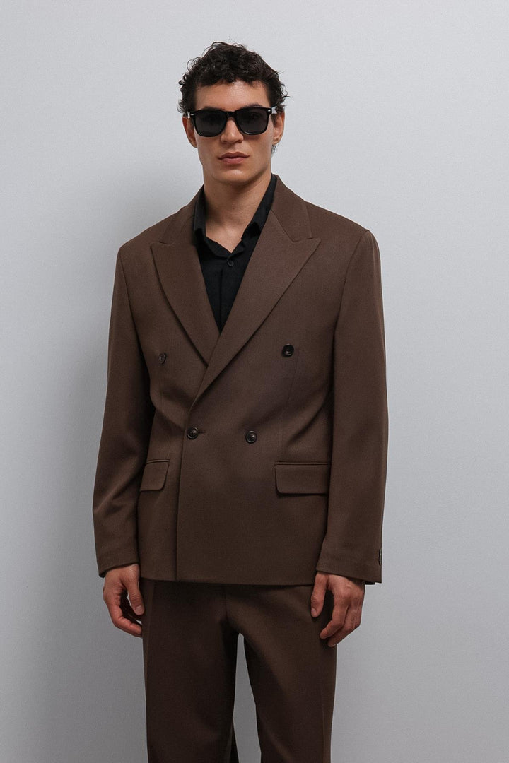 ANT Antioch Kahve Relax Fit Kruvaze Erkek Blazer Ceket - Revere