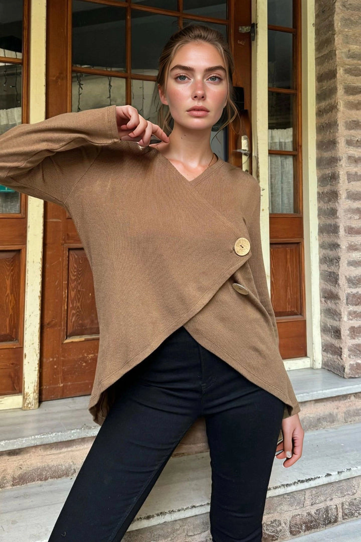 Coffee Shawl Collar Asymmetric Cut Buttoned Slouchy Cardigan BCBSK-25700-3328 - Brossard