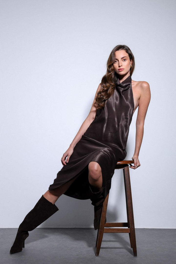 ANT Antioch Coffee Satin Halter Women's Top - Tuxtepec