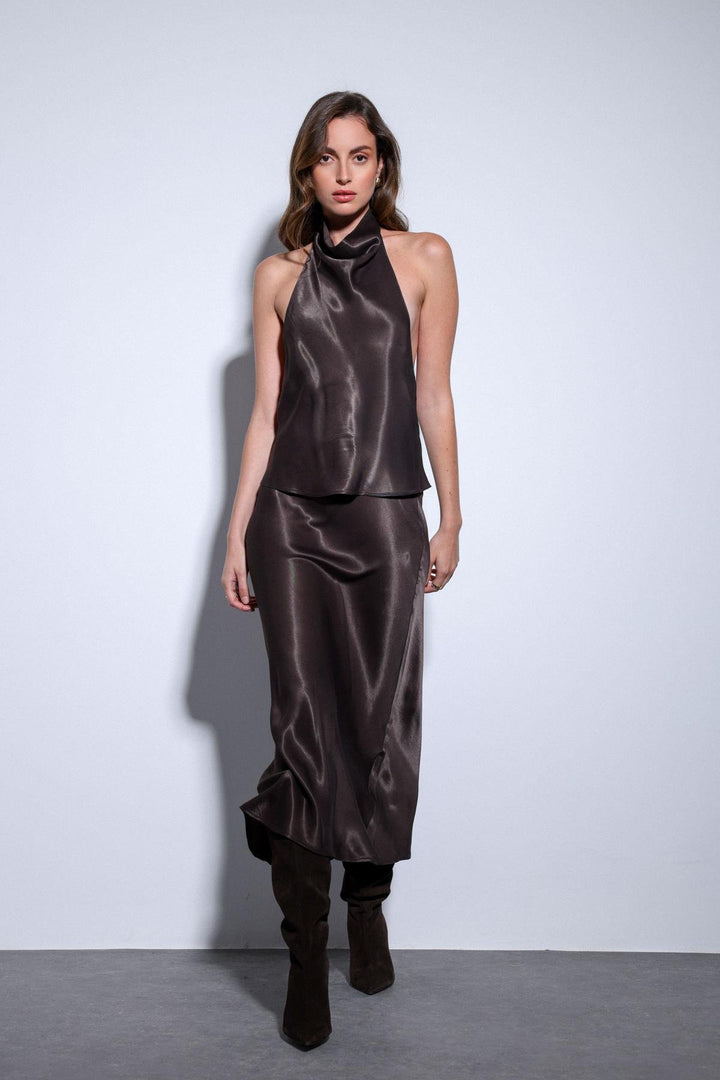 ANT Antioch Coffee Satin Halter Women's Top - Tuxtepec