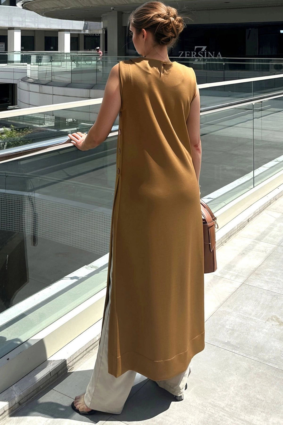 Coffee Scuba Buttoned and Slit Long Tunic Dress BCBSK-25700-3561 - Olhão