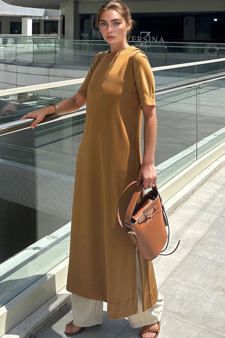Coffee Scuba Buttoned and Slit Long Tunic Dress BCBSK-25700-3561 - Olhão