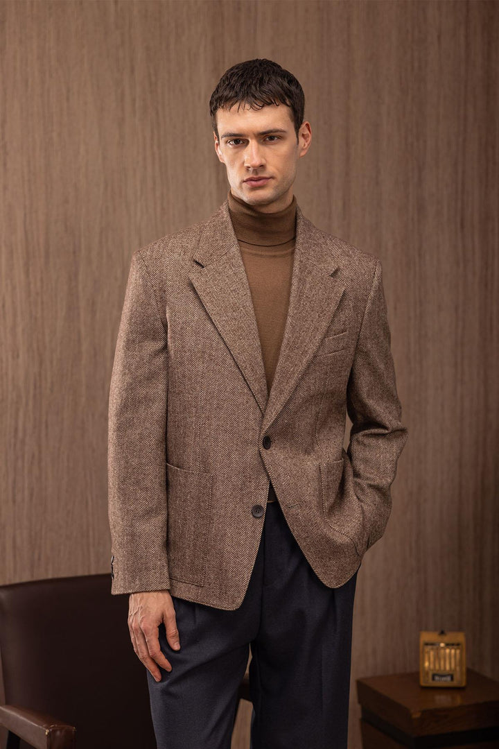 ANT Antioch Coffee Slim Fit Herringbone Pattern Men's Blazer Jacket - Bragadiru