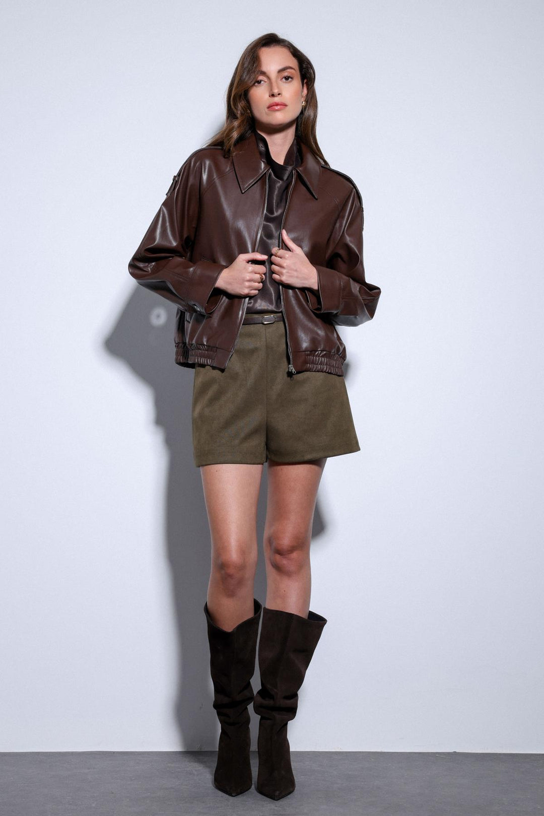 ANT Antioch Coffee Faux Leather Bomber Jacket - Sayula