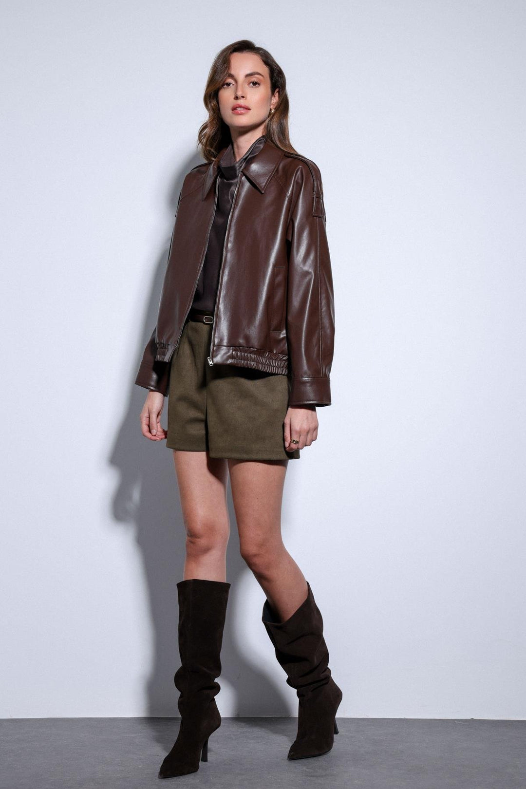 ANT Antioch Coffee Faux Leather Bomber Jacket - Sayula