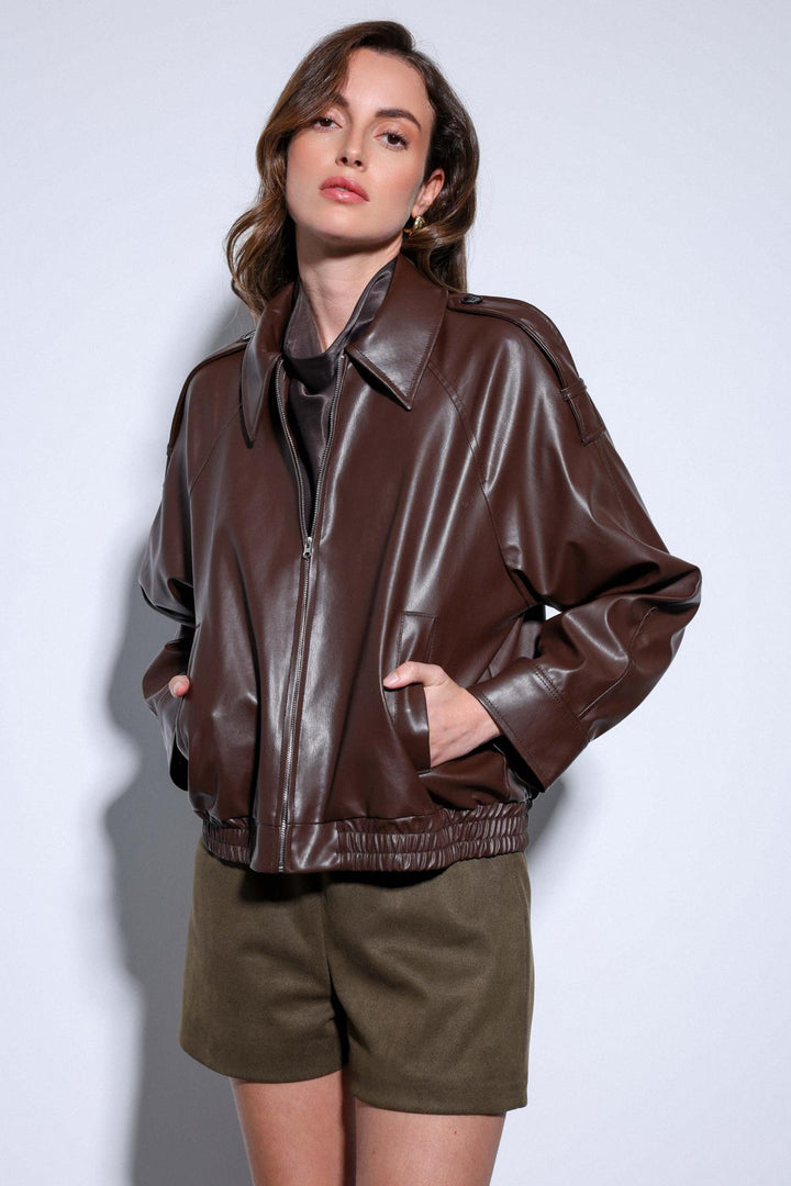 ANT Antioch Coffee Faux Leather Bomber Jacket - Sayula