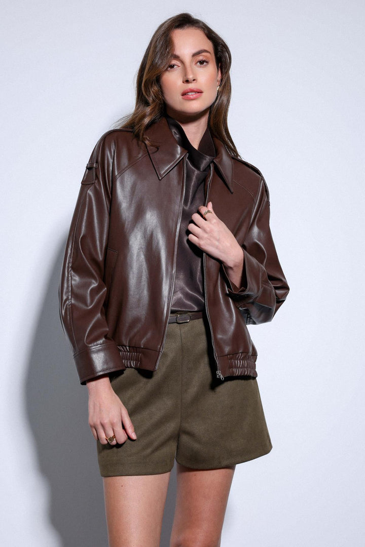 ANT Antioch Coffee Faux Leather Bomber Jacket - Sayula