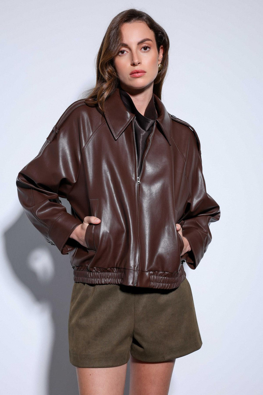 ANT Antioch Coffee Faux Leather Bomber Jacket - Sayula