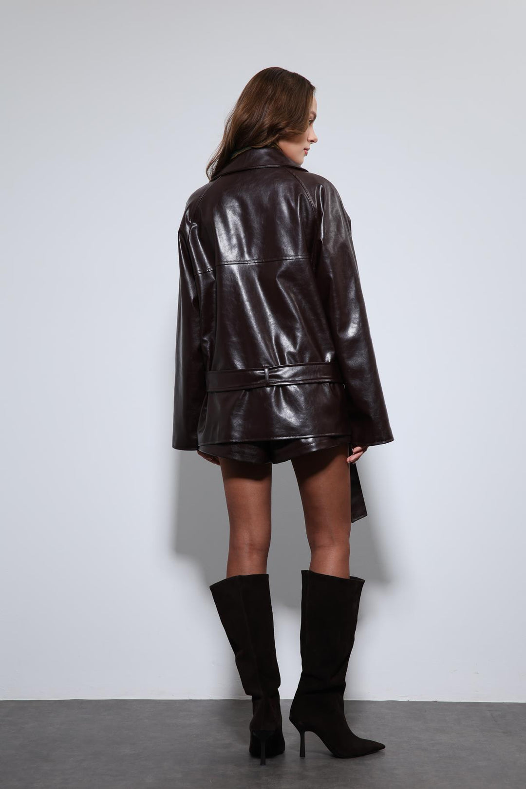 ANT Antioch Coffee Faux Leather Belted Trench Coat - Paraíso