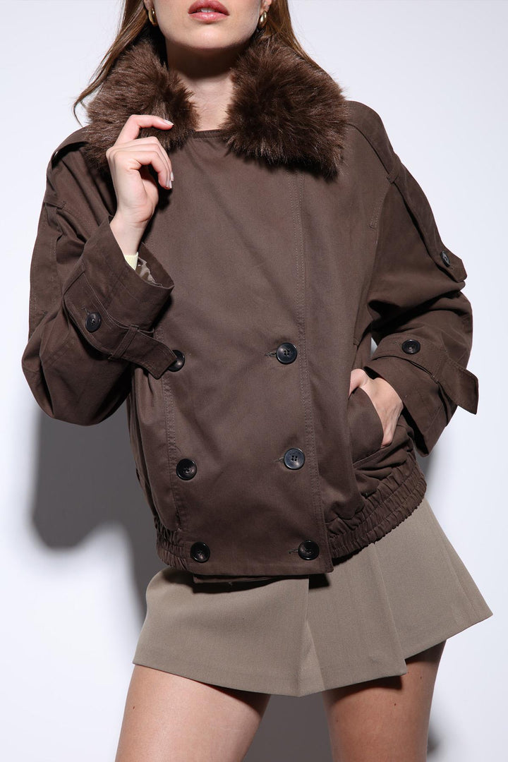 ANT Antioch Coffee Faux Fur Short Women's Trench Coat - Hempfield