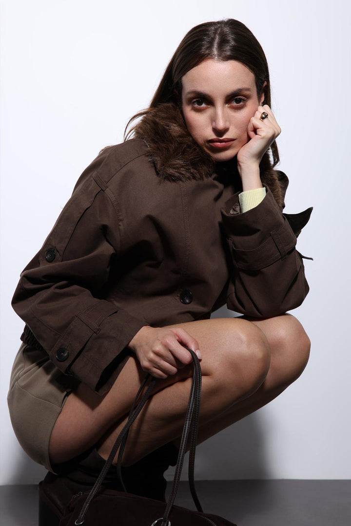 ANT Antioch Coffee Faux Fur Short Women's Trench Coat - Hempfield