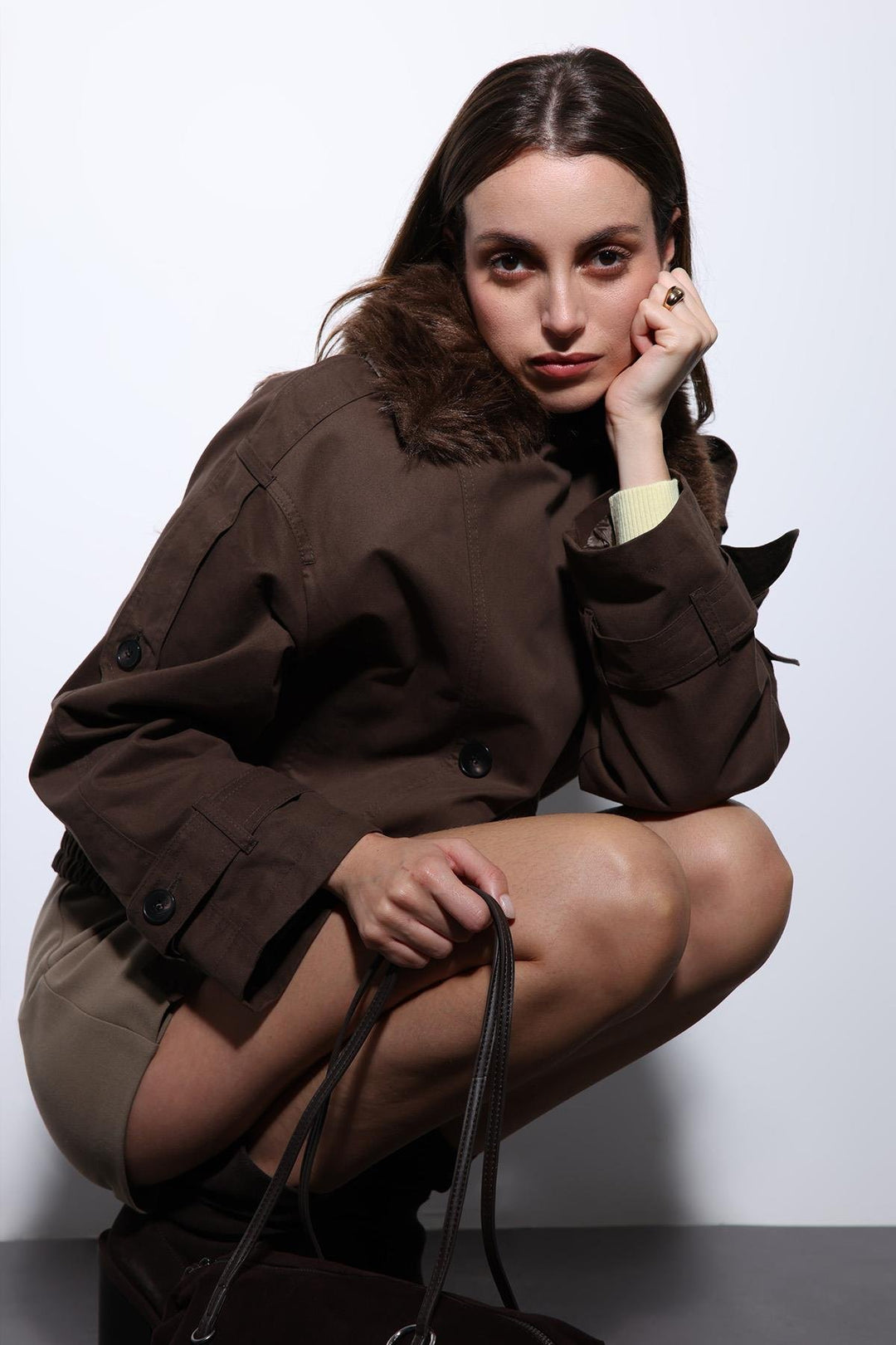 ANT Antioch Coffee Faux Fur Short Women's Trench Coat - Kleve