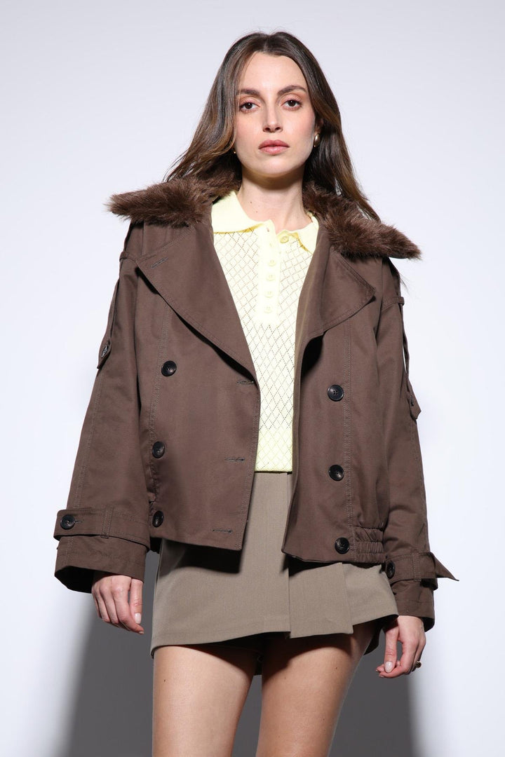 ANT Antioch Coffee Faux Fur Short Women's Trench Coat - Kleve